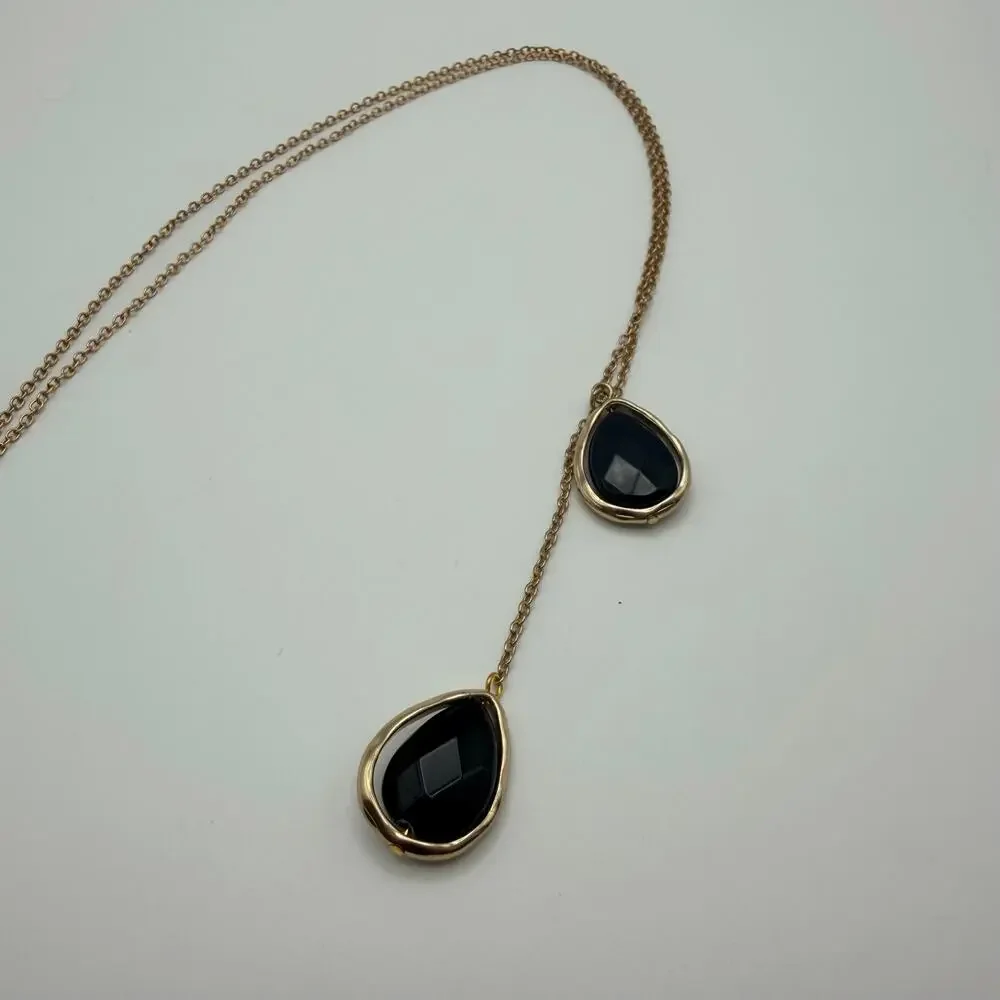 3/$25 - Gold Tone Black Stone Y Necklace Double Drop Pendant Adjustable - Picture 3 of 3